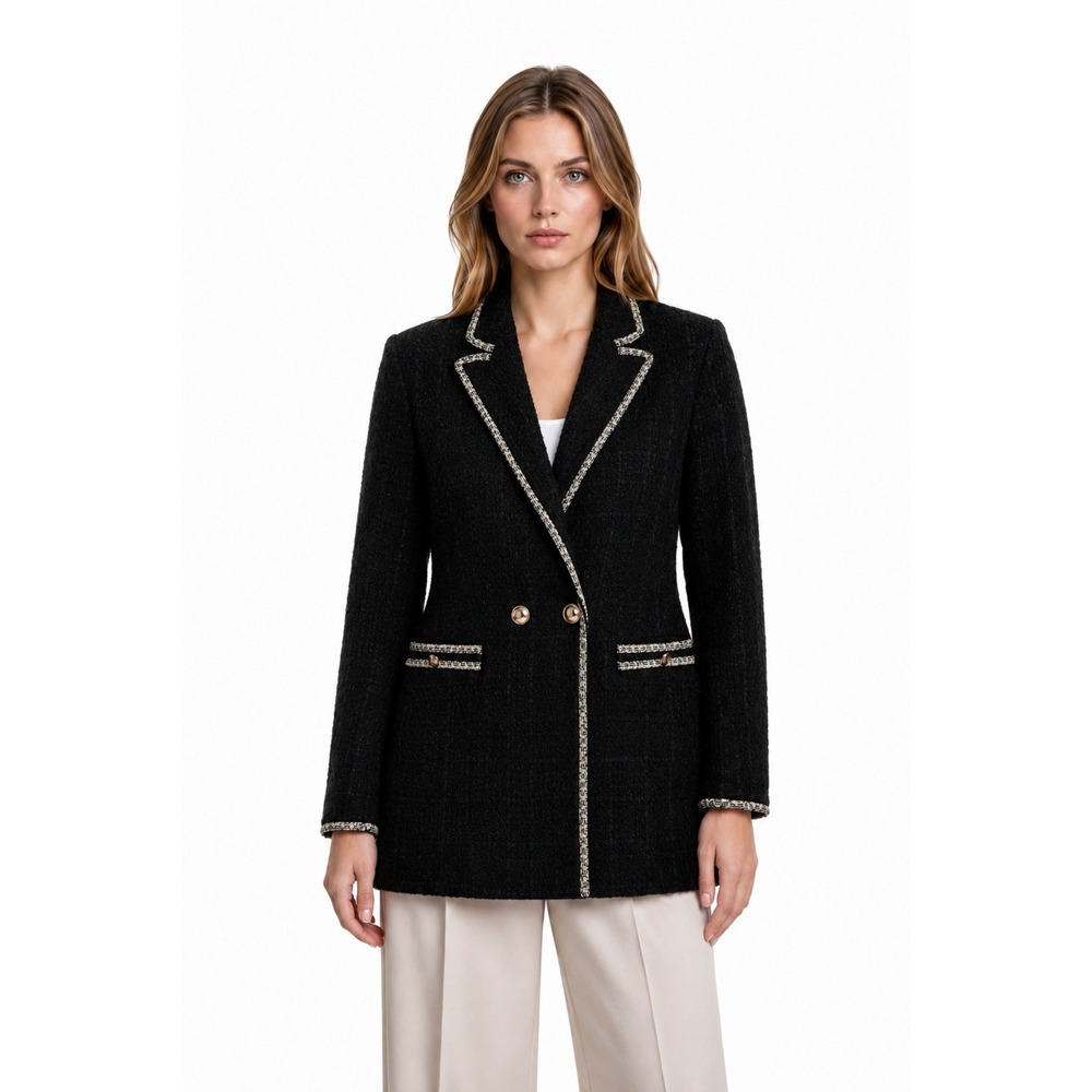 Ann Taylor Tweed Blazer Womens Size Medium Black Double Breasted Jacket Metallic